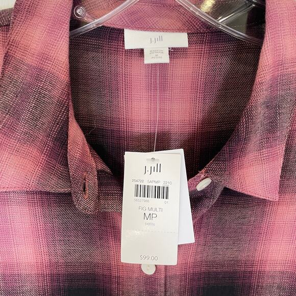 J. Jill Ombre Plaid Tiered Tunic Shirt Pink Coral Black Cotton Modal NWT MP - Picture 4 of 6
